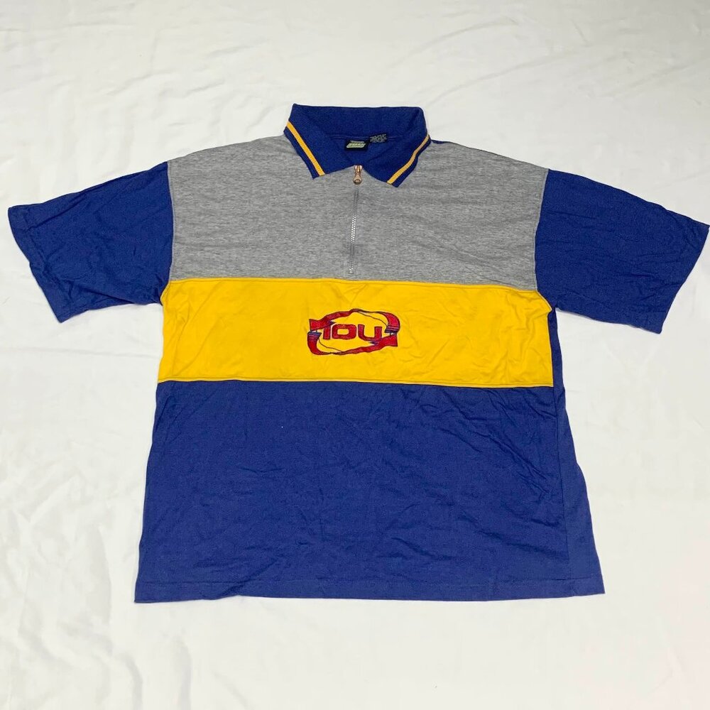 VTG 90s IOU Spellout T-Shirt Blue Retro Streetwear Hip Hop Sz L Quarter Zip